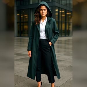 Anne Klein 10 Long Hood Trench Coat Minimalist Emerald Green Lined Full Length